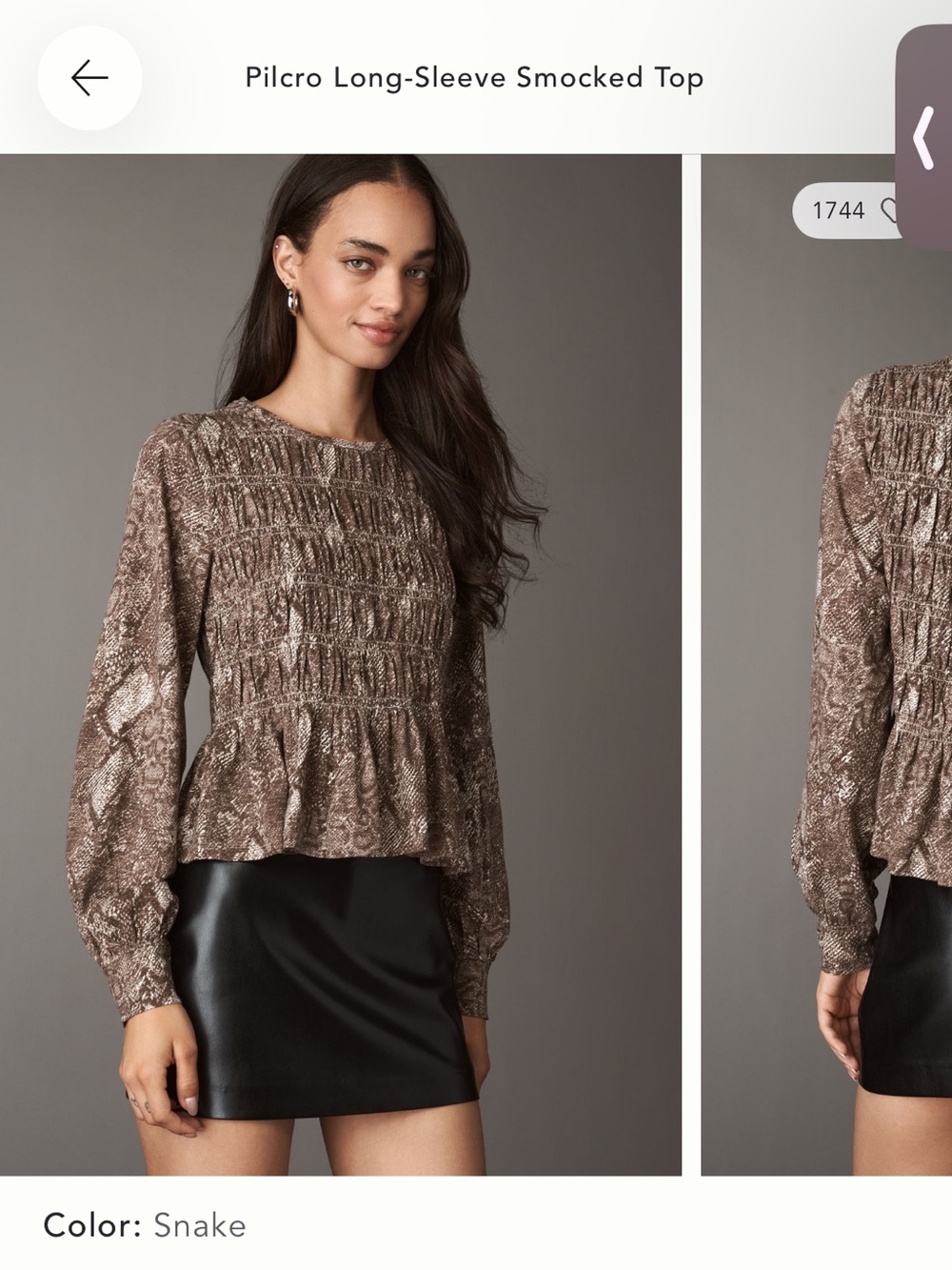Pilcro Smocked Long Sleeve Peplum Top - Brown Snakeskin